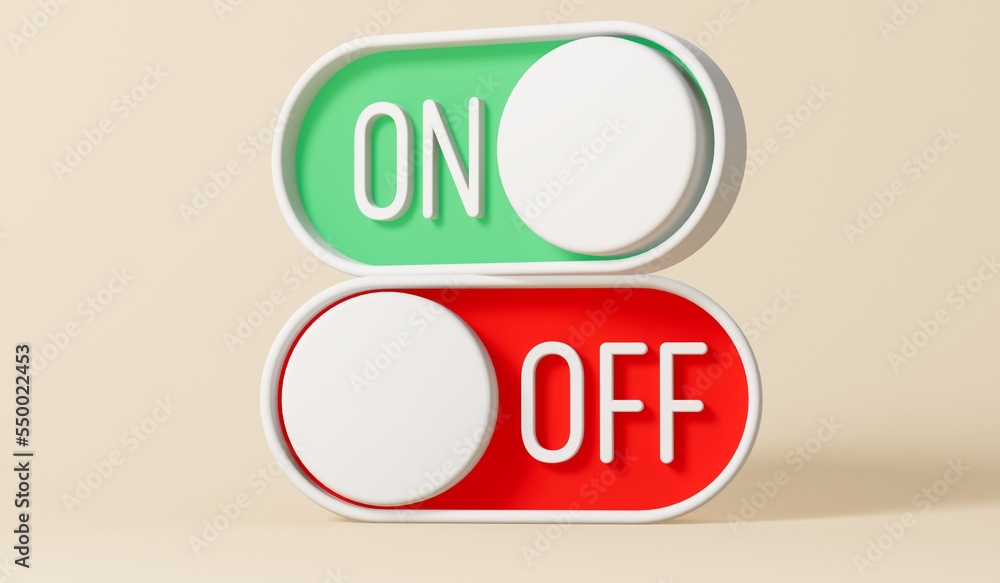 red and green on and off toggle switches. 3D Rendering red and green on and off toggle switches. 3D Rendering