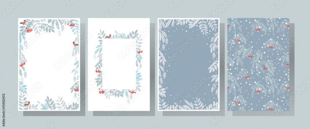 set of  christmas greeting cards and frames. Winter pattern of spruce and rowan branches, snow flakes and birds.