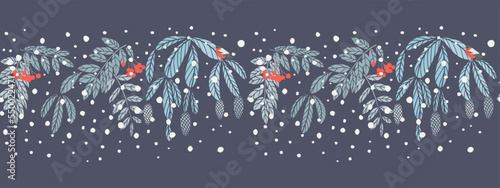 seamless border. Winter pattern of spruce and rowan branches, snow flakes and birds on a dark blue background