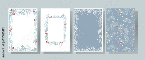 set of  christmas greeting cards and frames. Winter pattern of spruce and rowan branches, snow flakes and birds.