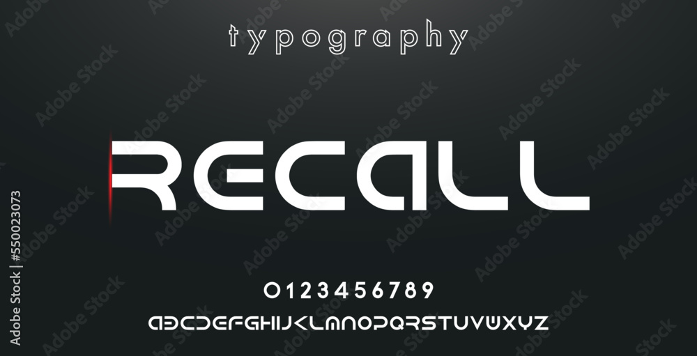 RECALL Sports minimal tech font letter set. Luxury vector typeface for company. Modern gaming fonts logo design.