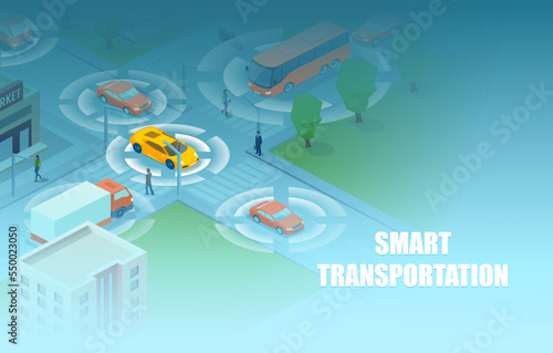 Smart transportation, people and vehicles moving in the city streets using sensors