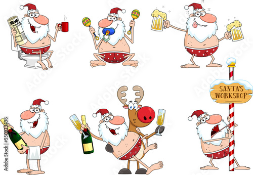 Drunk Naked Santa Claus And Reindeer Cartoon Characters. Vector Hand Drawn Collection Set Isolated On Transparent Background