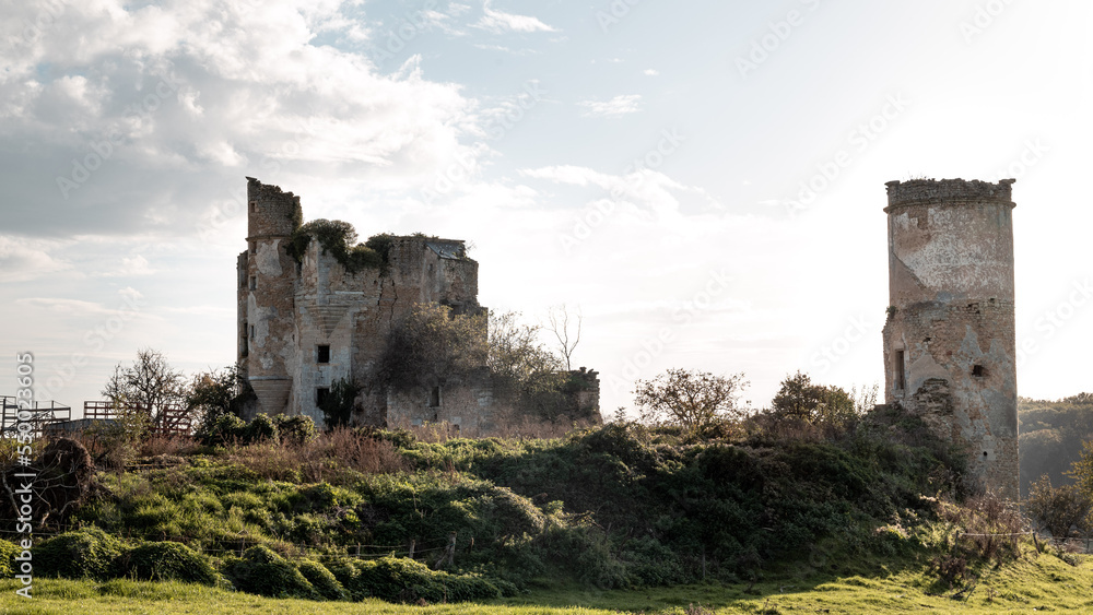Photograph of an abandoned and ruined castle.Old ruined abandoned castle. Ruined fortress in French. Bourgogne