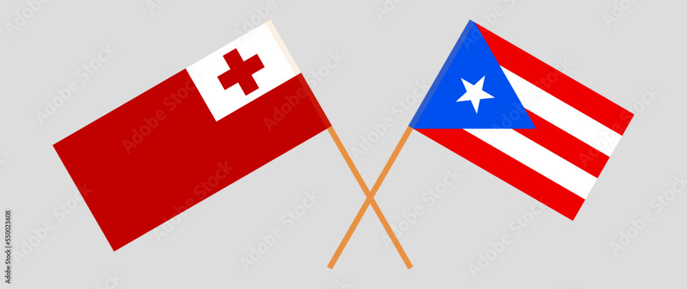Crossed flags of Tonga and Puerto Rico. Official colors. Correct proportion