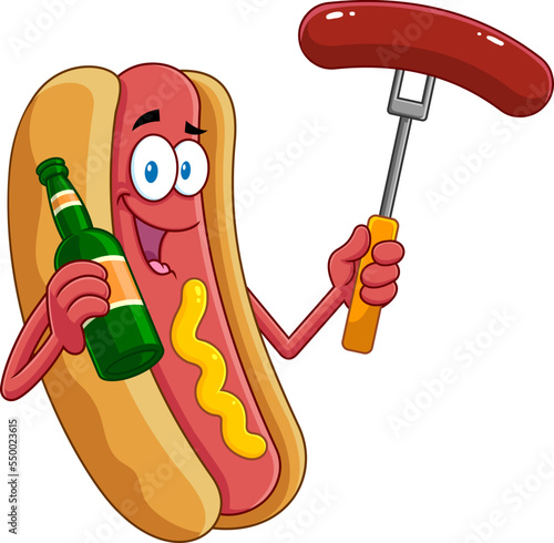 Smiling Hot Dog Cartoon Character Holding Beer And Sausage On A Fork. Vector Hand Drawn Illustration Isolated On Transparent Background
