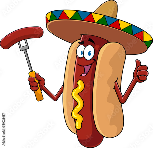 Mexican Hot Dog Cartoon Character Holding A Sausage On A Fork. Vector Hand Drawn Illustration Isolated On Transparent Background