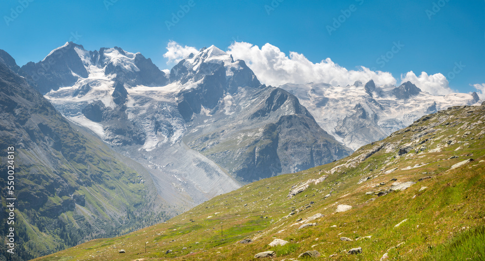 The Piz Bernina and Piz Roseg peaks - Switzerland.
