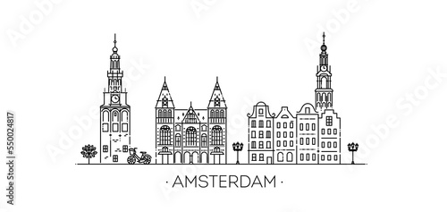 Amsterdam travel landmark of historical building thin line icon