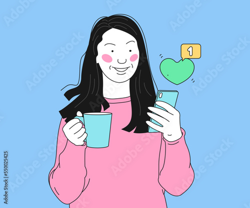 Beautiful young women use a mobile phone to receive many new notifications from similar posts. vector illustrations. (ID: 550025425)
