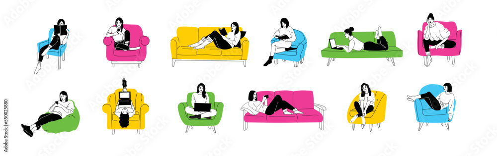 Girls sitting in armchair, sofa at home. Woman with laptop, mobile phone and book on the chair, sofa. Freelance or studying concept. Female character, chatting online using laptop, resting Girls sitting in armchair, sofa at home. Woman with laptop, mobile phone and book on the chair, sofa. Freelance or studying concept. Female character, chatting online using laptop, resting