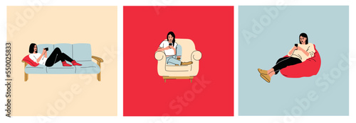 Women sitting on sofa pouf holds smartphone in her hand. Casual lady and browsing social media on mobile device. Girls on couch uses phone for chatting and surfing internet