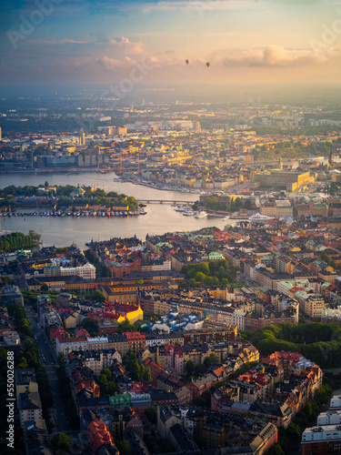Helicopter View Above Central Stockholm Sunset, Sweden
