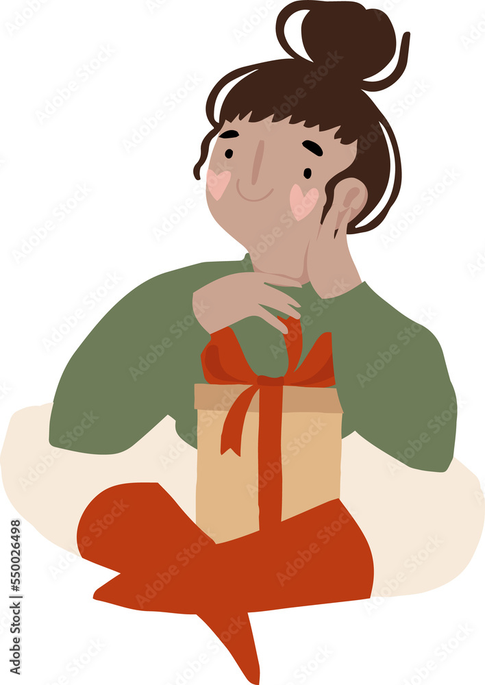 Cute girl woman with Christmas present, wrapping gift box. Cute hand drawn Winter holiday people illustration in flat cartoon style. Isolated on transparent background Cute girl woman with Christmas present, wrapping gift box. Cute hand drawn Winter holiday people illustration in flat cartoon style. Isolated on transparent background