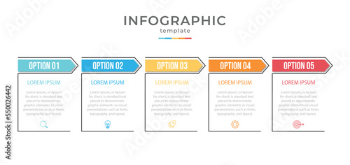 Business infographic template. Timeline process with 5 options or steps. Vector illustration.