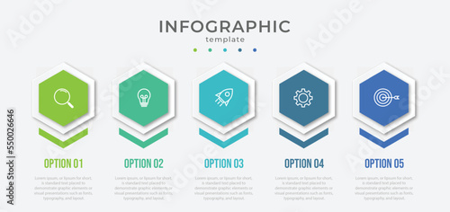 Business infographic template. Timeline process with 5 options or steps. Vector illustration.