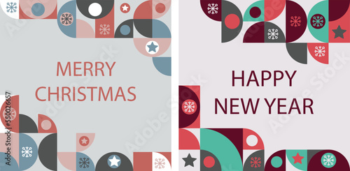 Set of colorful christmas bauhaus templates with trendy abstract design. Vector illustration with snowflakes and geometric shapes