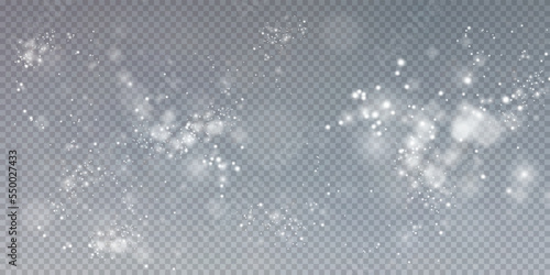 White png dust light. Bokeh light lights effect background. Christmas background of shining dust Christmas glowing light bokeh confetti and spark overlay texture for your design.  