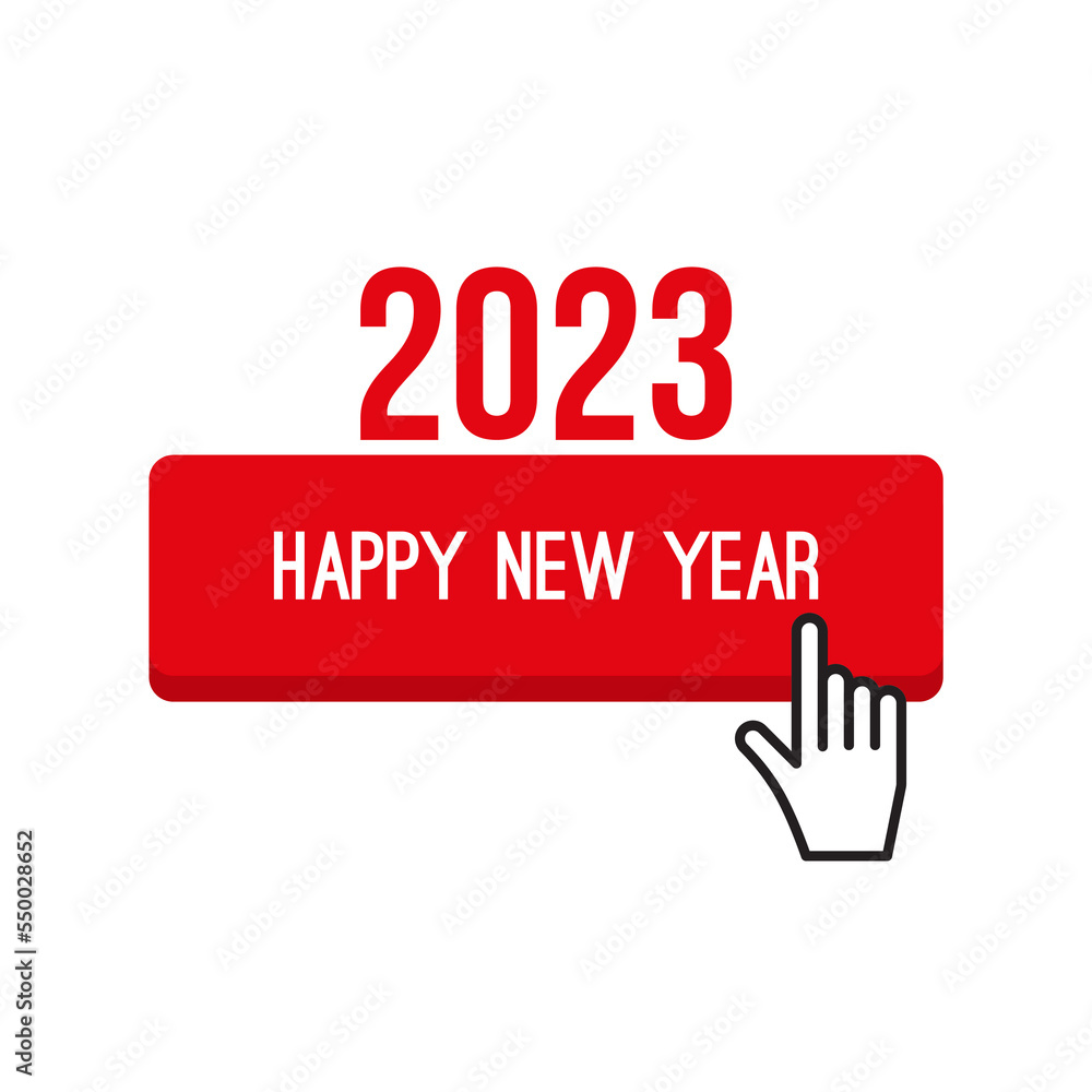 2023 happy new year icon with hand click cursor. Vector congratulatory background. 2023 happy new year icon with hand click cursor. Vector congratulatory background.