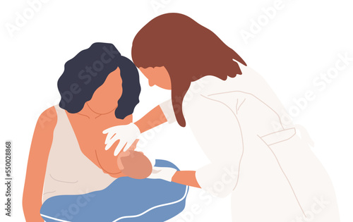 A nurse helps a mom breastfeed holding her breast. Healthcare professional. Supporting the mother after childbirth. Mom feeding infant with breastmilk. Vector illustration on the white background.