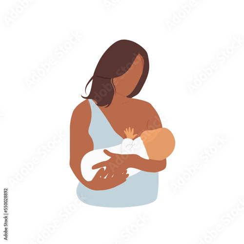 Dark skinned woman breastfeeding newborn baby. Mother holding her child. Mom feeding infant with breastmilk. Vector illustration isolated on white background