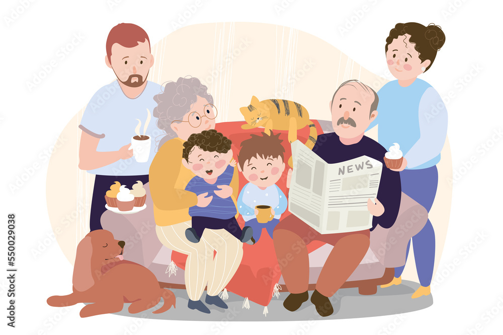 Big family is sitting on sofa concept background. Grandfather and grandmother with boys grandchildren, mother and father, pets dog and cat in living room. Illustration in flat cartoon design Big family is sitting on sofa concept background. Grandfather and grandmother with boys grandchildren, mother and father, pets dog and cat in living room. Illustration in flat cartoon design