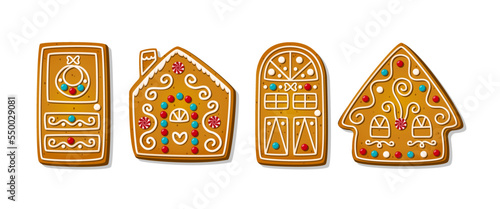 Christmas gingerbread cookies in cartoon style isolated on white background. Sweet sugar biscuits in shape of festive doors with wreath. Traditional baked cakes and crackers. Vector illustration