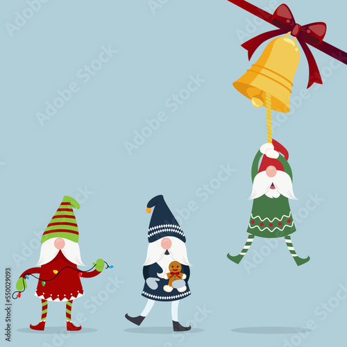 Christmas elves putting up decorations vector illustration background