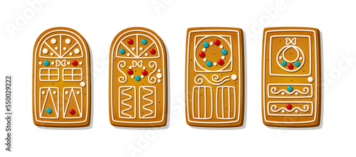 Christmas gingerbread cookies in cartoon style isolated on white background. Sweet biscuits in shape of festive doors with wreath. Traditional baked cakes and crackers. Cute Vector illustration