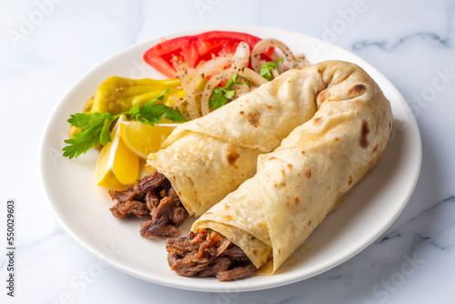 Delicious turkish kebab tantuni. Mersin tantuni durum.