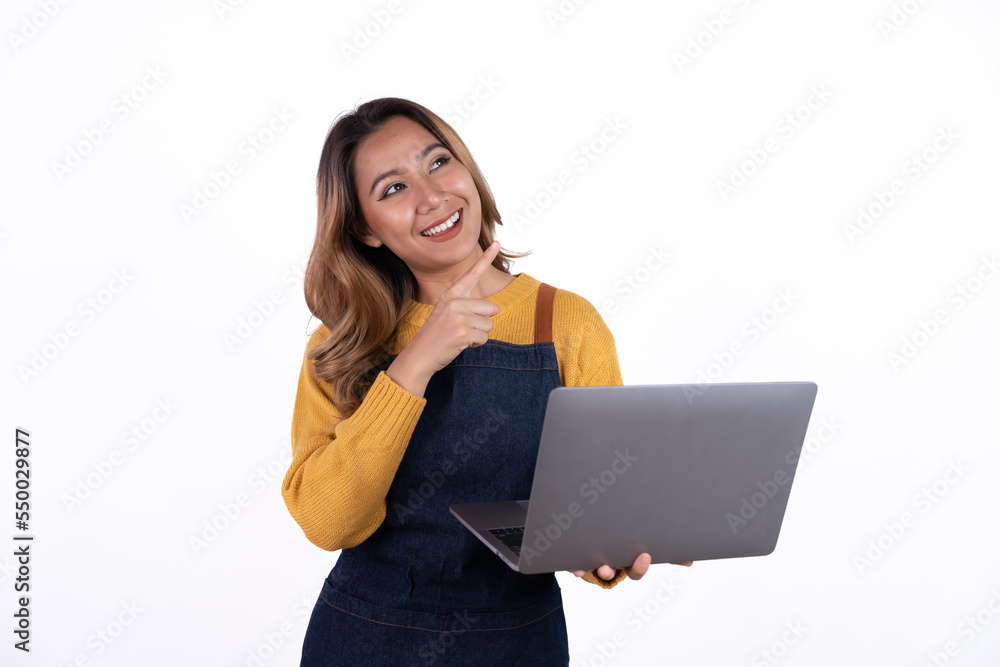 Asian woman entrepreneur or shop owner holding a laptop computer with an excited face. isolate on a white background. Asian woman entrepreneur or shop owner holding a laptop computer with an excited face. isolate on a white background.