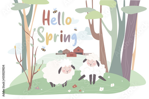 Fototapeta Naklejka Na Ścianę i Meble -  Hello spring concept background. Cute animals greeting springtime. Sheep walking on lawn nearby farm. Forest edge with green trees and blooming flowers. Illustration in flat cartoon design