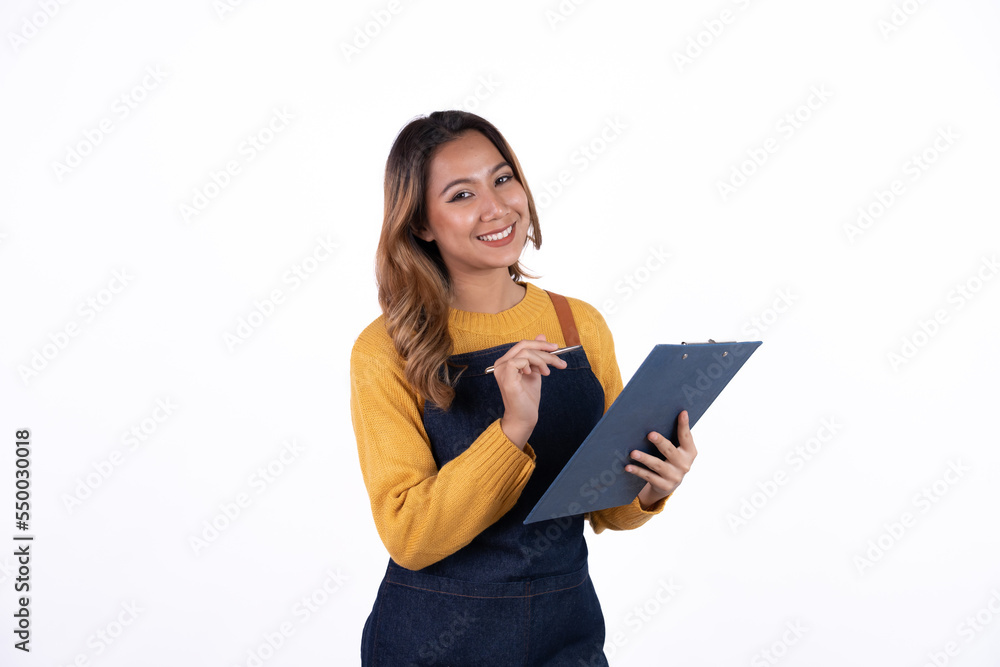 Asian woman entrepreneur or shop owner holding a clipboard with an excited face. isolate on a white background. Asian woman entrepreneur or shop owner holding a clipboard with an excited face. isolate on a white background.
