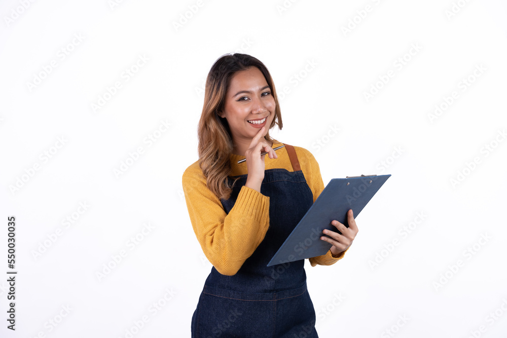 Asian woman entrepreneur or shop owner holding a clipboard with an excited face. isolate on a white background. Asian woman entrepreneur or shop owner holding a clipboard with an excited face. isolate on a white background.