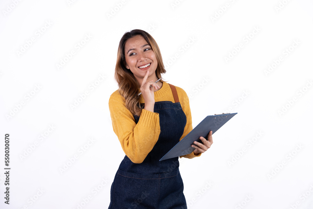 Asian woman entrepreneur or shop owner holding a clipboard with an excited face. isolate on a white background. Asian woman entrepreneur or shop owner holding a clipboard with an excited face. isolate on a white background.