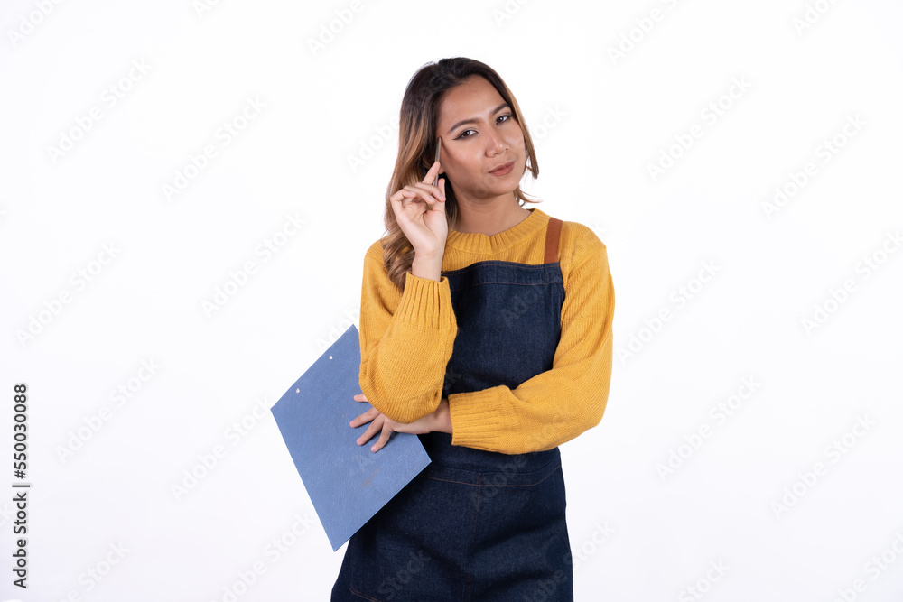 Asian woman entrepreneur or shop owner holding a clipboard with an excited face. isolate on a white background. Asian woman entrepreneur or shop owner holding a clipboard with an excited face. isolate on a white background.