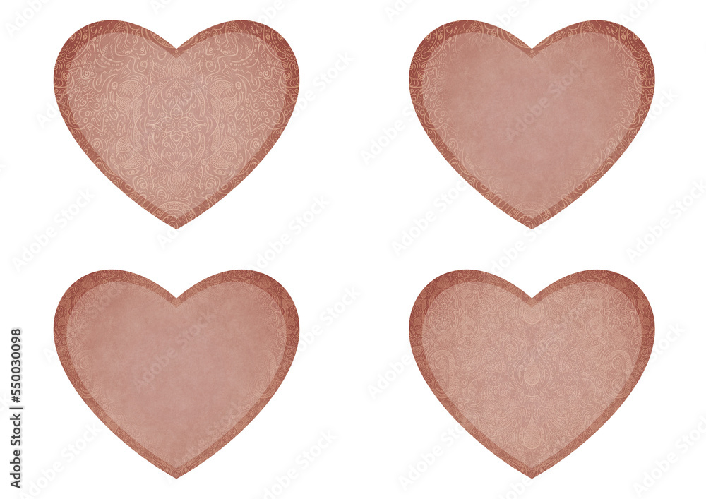 Set of 4 heart shaped valentine's cards. 2 with pattern, 2 with copy space. Pale pink background and light beige pattern on it. Cloth texture. Hearts size about 8x7 inch / 21x18 cm (p01ab)