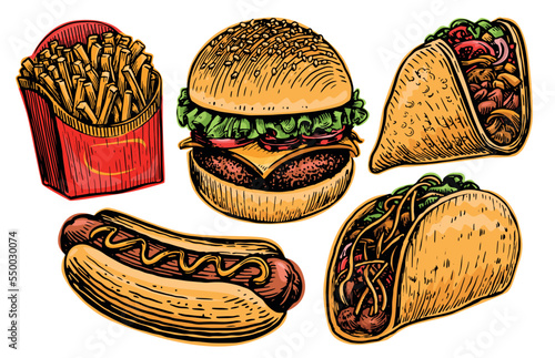 Fast food set. Burger, Hot Dog, Cheeseburger, Sandwich, Tacos, Fries. Restaurant or diner menu. Vector illustration