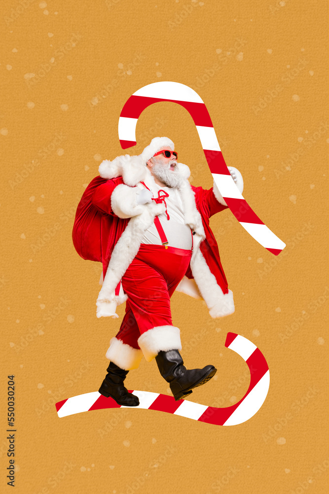 Christmas poster collage of funny saint nicholas deliver many wish gifts sack sugar yummy candy cane on yellow color background Christmas poster collage of funny saint nicholas deliver many wish gifts sack sugar yummy candy cane on yellow color background