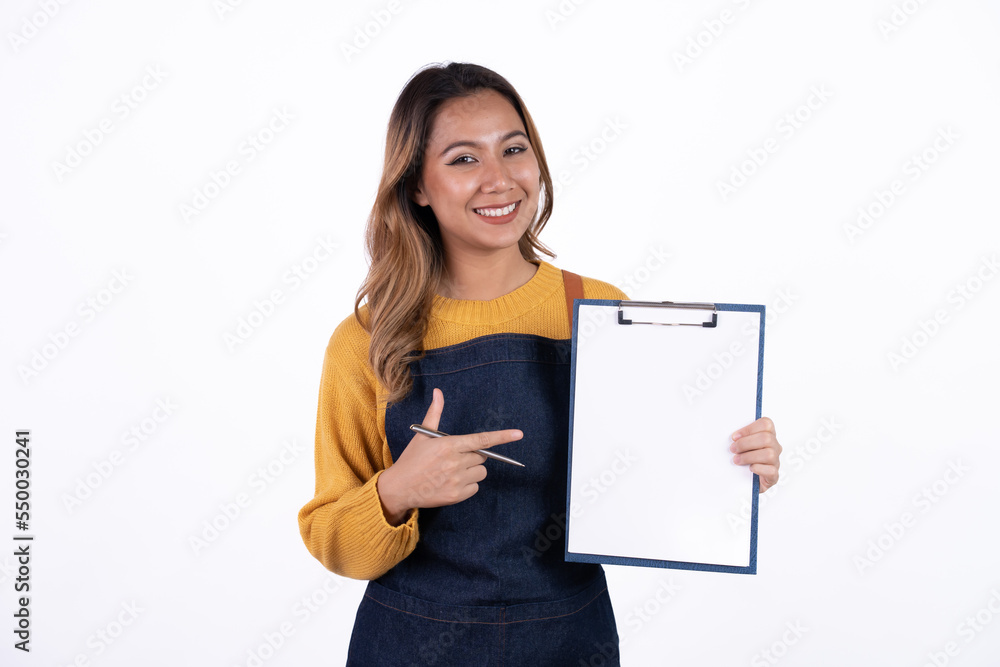 Asian woman entrepreneur or shop owner holding a clipboard with an excited face. isolate on a white background. Asian woman entrepreneur or shop owner holding a clipboard with an excited face. isolate on a white background.