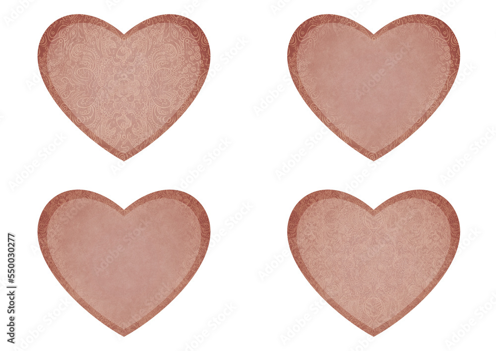 Set of 4 heart shaped valentine's cards. 2 with pattern, 2 with copy space. Pale pink background and light beige pattern on it. Cloth texture. Hearts size about 8x7 inch / 21x18 cm (p04ab)