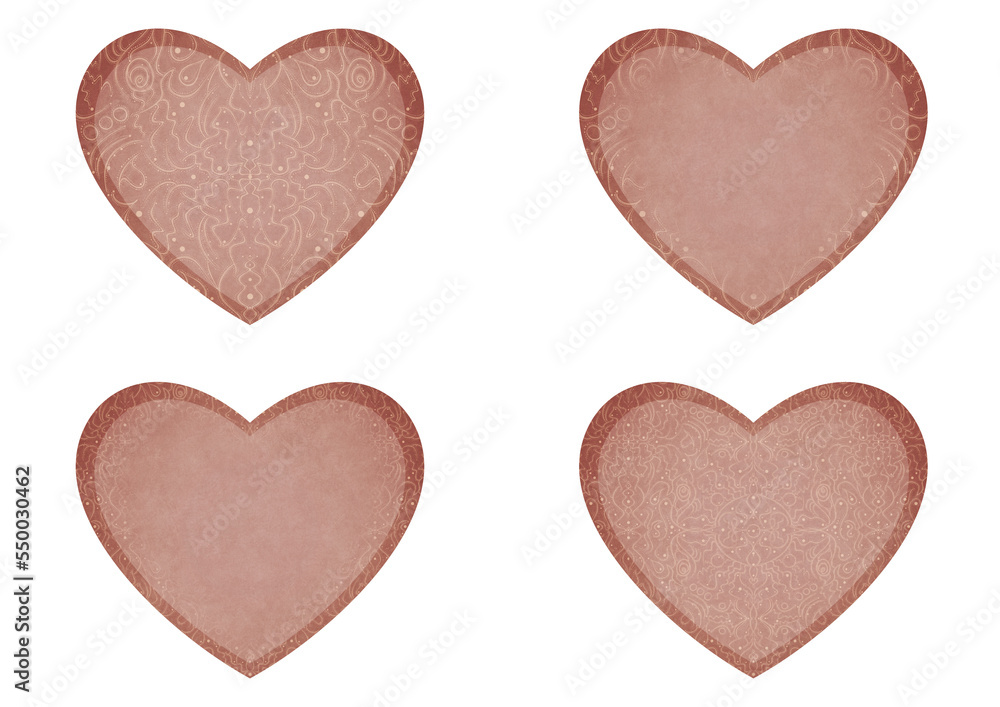 Set of 4 heart shaped valentine's cards. 2 with pattern, 2 with copy space. Pale pink background and light beige pattern on it. Cloth texture. Hearts size about 8x7 inch / 21x18 cm (p07-2ab)