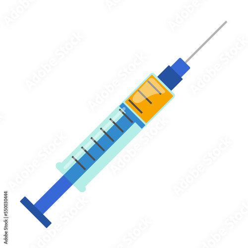 Syringe with a needle. Medical equipment and preparations for treatment and examination of patient. Flat vector isolated on white background