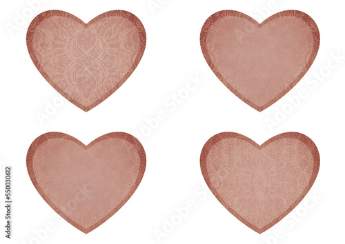 Set of 4 heart shaped valentine's cards. 2 with pattern, 2 with copy space. Pale pink background and light beige pattern on it. Cloth texture. Hearts size about 8x7 inch / 21x18 cm (p09ab)