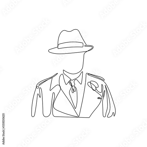 Mysterious man in hat and coat in one line drawing style. Faceless, anonymous concept. Hand drawn vector illustration.
