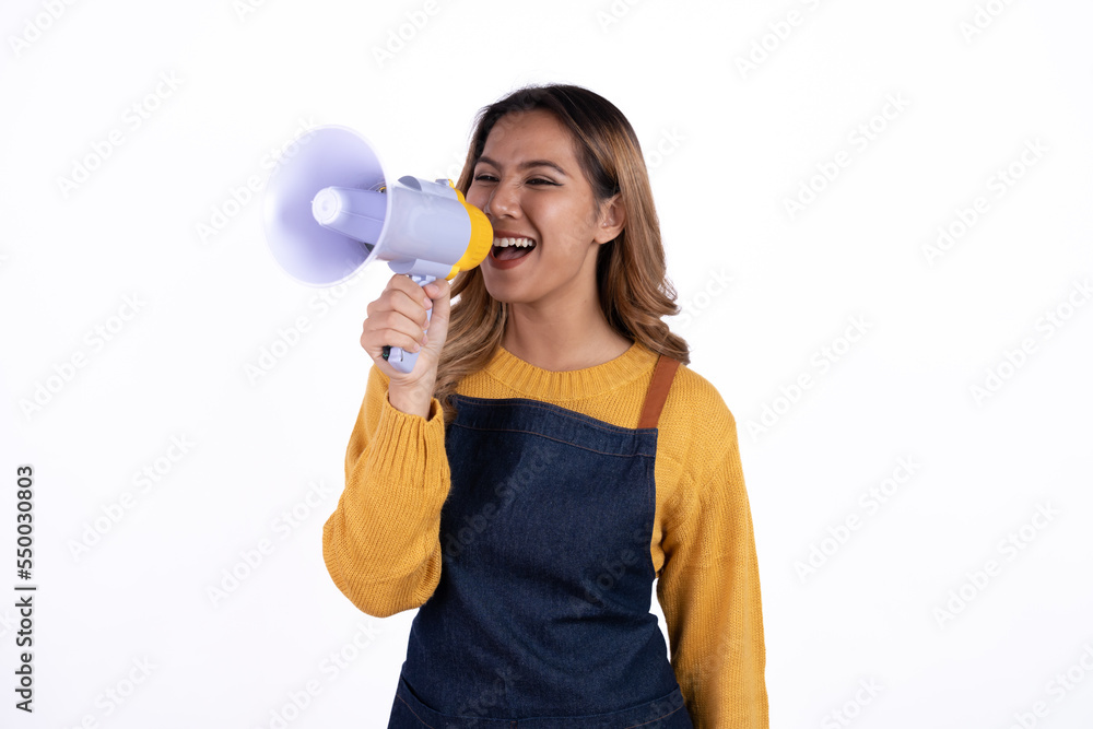 Beautiful attractive asian female woman coffee shop owner wear apron casual dress smile with confident and cheerful welcome isolate white background. Beautiful attractive asian female woman coffee shop owner wear apron casual dress smile with confident and cheerful welcome isolate white background.