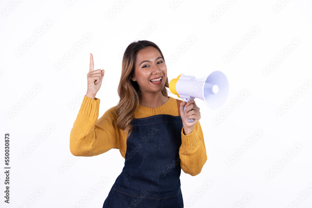 Beautiful attractive asian female woman coffee shop owner wear apron casual dress smile with confident and cheerful welcome isolate white background. Beautiful attractive asian female woman coffee shop owner wear apron casual dress smile with confident and cheerful welcome isolate white background.