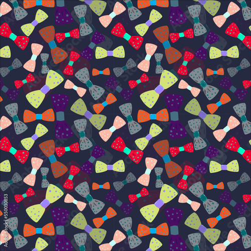 Seamless pattern of yellow green crayola, imperial red, roman silver, russian violet, International orange aerospace, melon color polka dot bows on space cadet background. textile design, wallpaper.