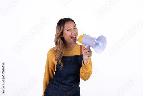Beautiful attractive asian female woman coffee shop owner wear apron casual dress smile with confident and cheerful welcome isolate white background.