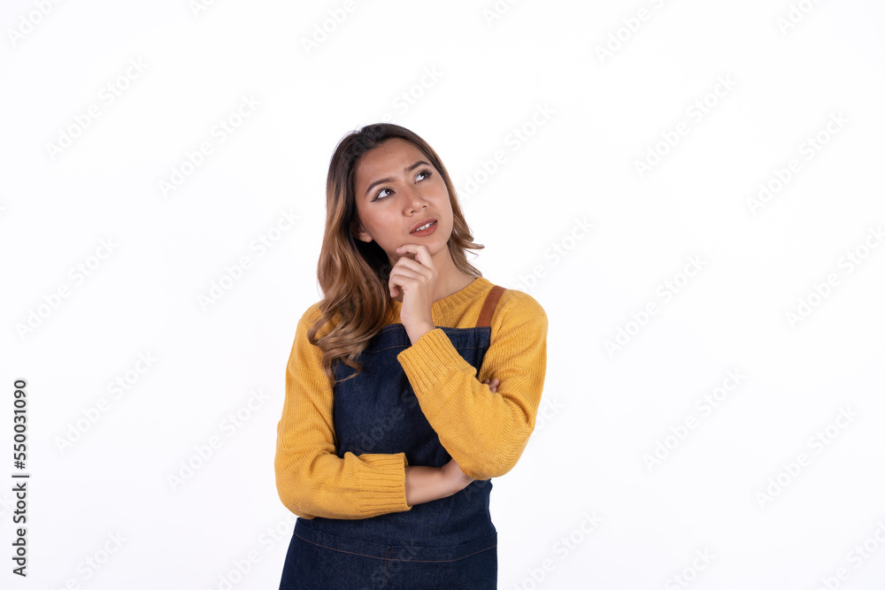 Beautiful attractive asian female woman coffee shop owner wear apron casual dress smile with confident and cheerful welcome isolate white background. Beautiful attractive asian female woman coffee shop owner wear apron casual dress smile with confident and cheerful welcome isolate white background.